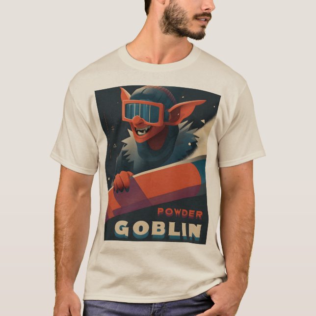 Powder Goblin Retro Ski Poster-Style T-Shirt (Framsida)
