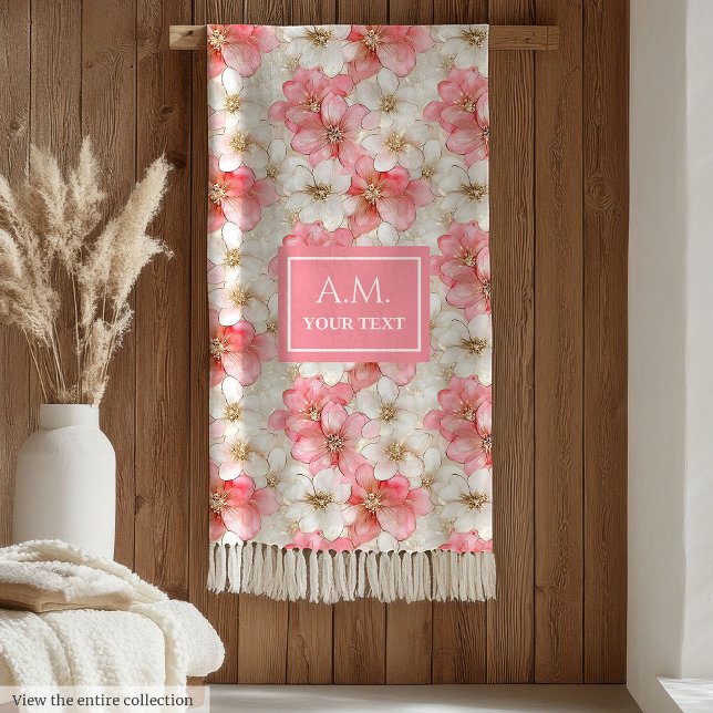 Powder Pink Flowers Elegant Monogram Blanket Fleecefilt (Powder Pink Flowers Elegant Monogram Blanket)