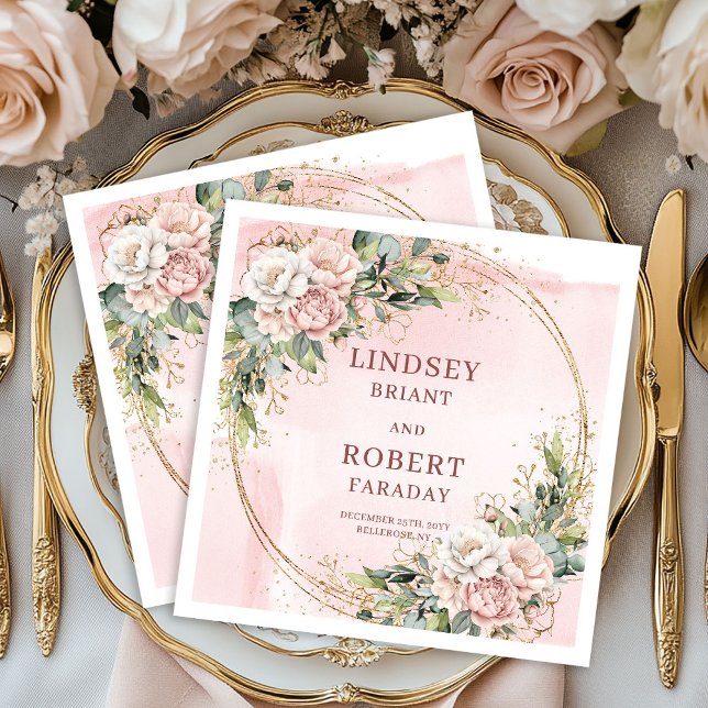 Powder Pink Flowers Greenery with Gold Glitter  Pappersservett (Powder Pink Flowers Greenery with Gold Glitter Napkins)