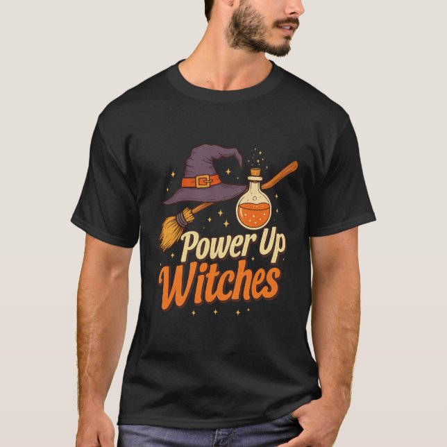 Power Up Witches - Retro Halloween Magic Design T Shirt (Framsida)