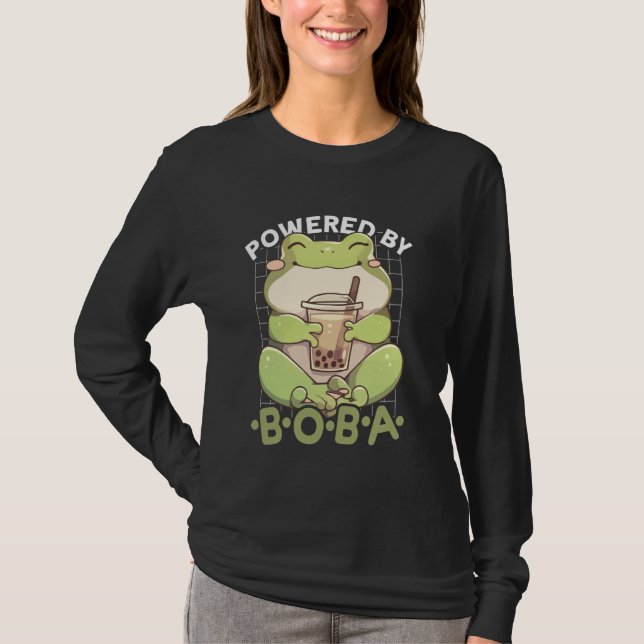 Powered by Boba Frog Kawaii Bubble Tea Anime Neko  T Shirt (Framsida)