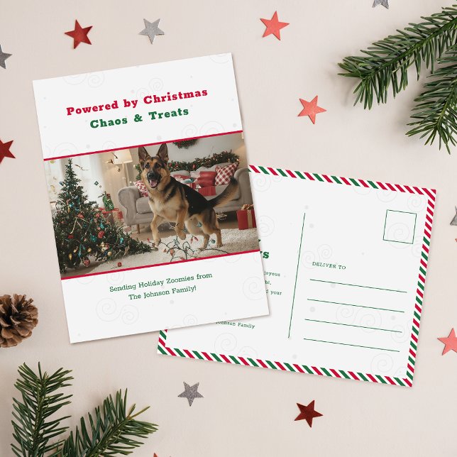 Powered by Christmas Chaos Funny Dog Pet Photo Helg Vykort (Skapare uppladdad)