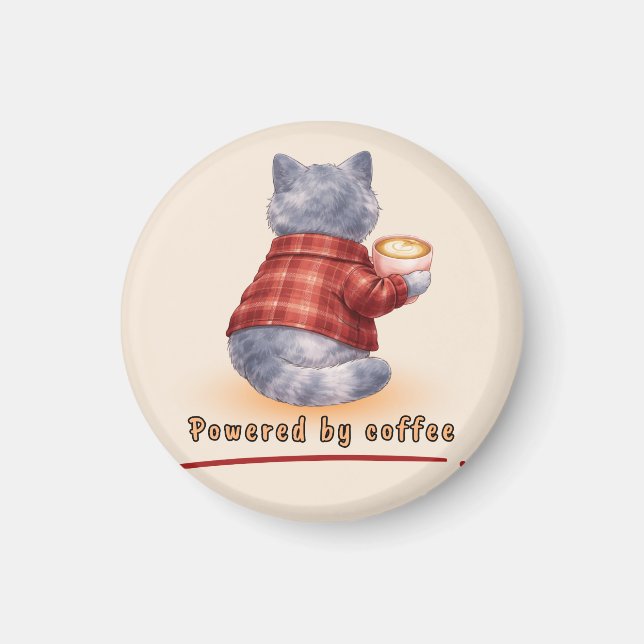 "Powered by Coffee" Cat Holding A Cup of Coffee Magnet (Framsidan)