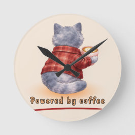"Powered by Coffee" Cat Holding A Cup of Coffee Rund Klocka
