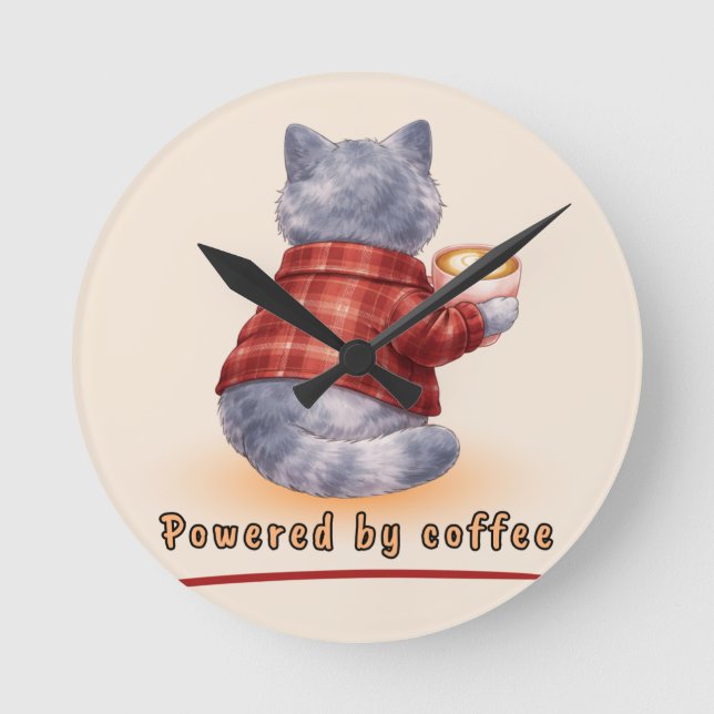 "Powered by Coffee" Cat Holding A Cup of Coffee Rund Klocka (Framsida)