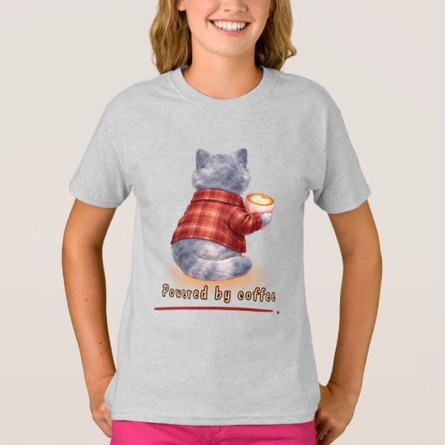 "Powered by Coffee" Cat Holding A Cup of Coffee T Shirt (Framsida)