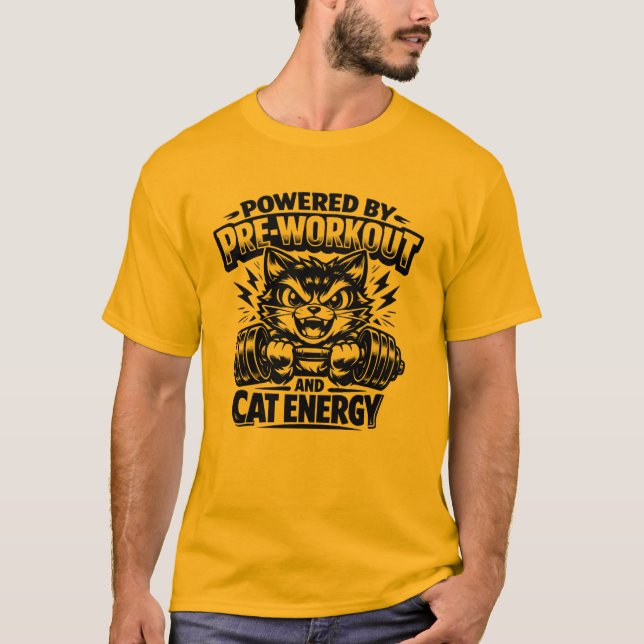 Powered By Pre Workout And Cat Energy T-Shirt (Framsida)