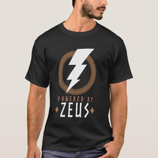 Powered by Zeus Lightning Bolt Mythology T Shirt (Framsida)