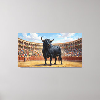 Powerful Black Bull in Spanish Plaza de Toros Canvastryck