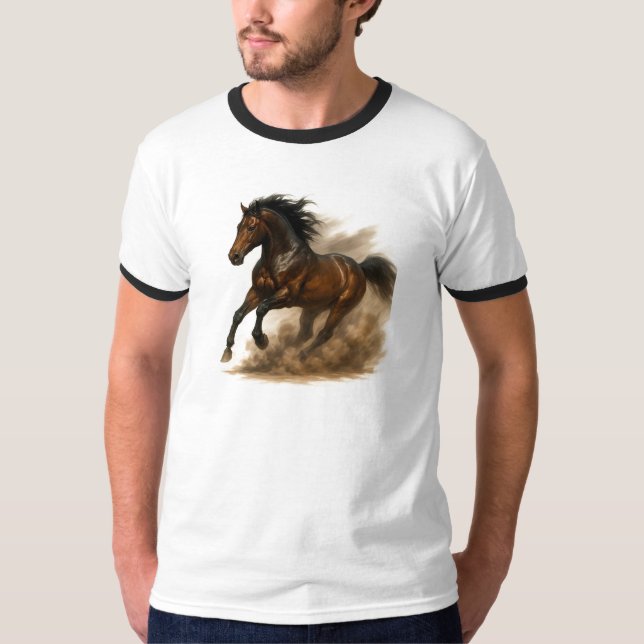 Powerful horse running through dust t shirt (Framsida)