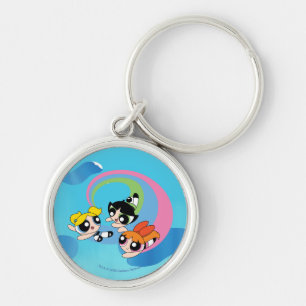 Powerpuff flickor flyger genom Himlar Rund Silverfärgad Nyckelring