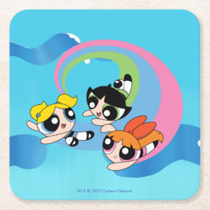 Powerpuff flickor flyger genom Himlar Underlägg Papper Kvadrat