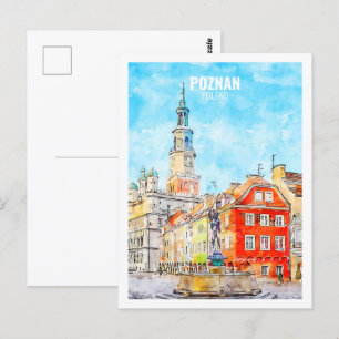 Poznan Poland Berömd Travel Watercolor Sketch Vykort