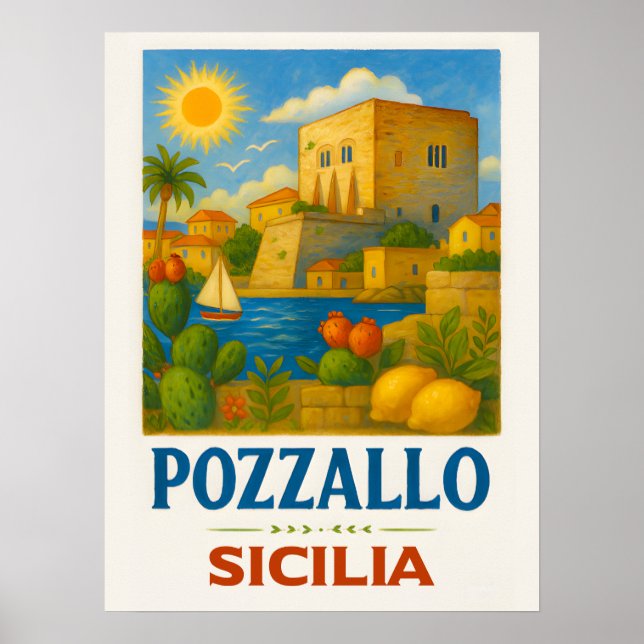 Pozzallo Sicilien med La Torre Cabrera Poster (Framsidan)