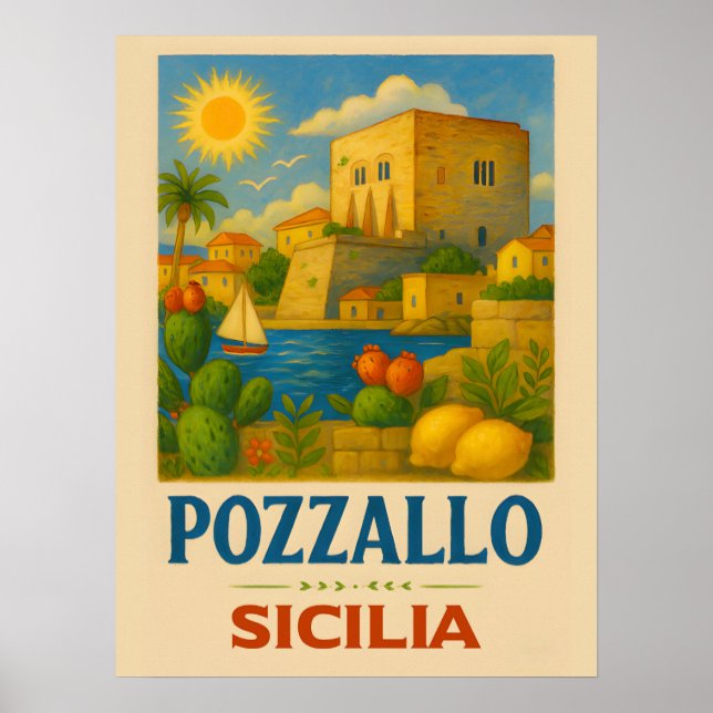 Pozzallo Sicilien med La Torre Cabrera Poster (Framsidan)