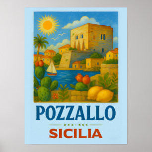 Pozzallo Sicilien med La Torre Cabrera Poster