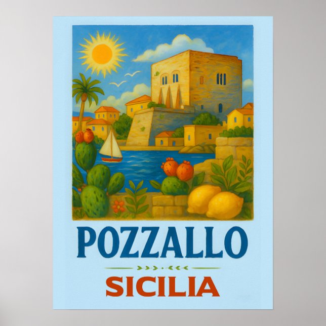 Pozzallo Sicilien med La Torre Cabrera Poster (Framsidan)