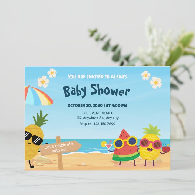 PPlayful summer beach cartoon fruit baby shower Inbjudningar (Stående Fram)