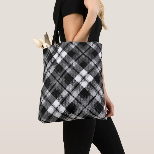Pput Check Tartan Black White Farmhouse Modern Tygkasse (Närbild)