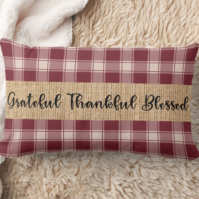 Pput Farmhouse Rustic Dekorativ kudde (Red and cream colored plaid throw pillow with the phrase, grateful, thankful, blessed)