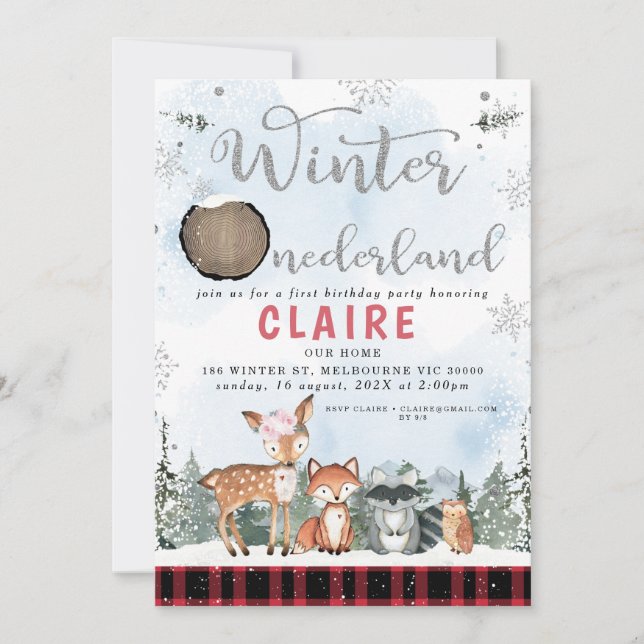 Pput Winter Onederland Woodland Animals Birthag Inbjudningar (Framsida)