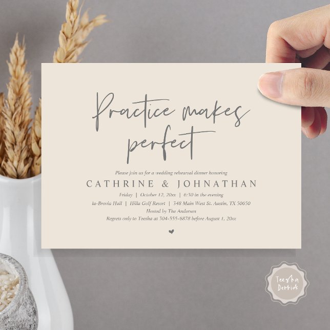 Practice gör perfekt, Bröllop Rehearsal Dinner Inbjudningar (Practice Makes Perfect, Wedding Rehearsal Dinner Invitation Card, PDF, Modern Casual, Grey Cream)