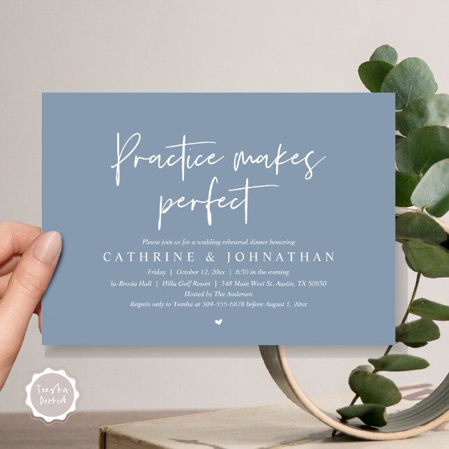 Practice gör perfekt, Bröllop Rehearsal Dinner Inbjudningar (Practice Makes Perfect, Wedding Rehearsal Dinner Invitation Card, PDF, Modern Casual, Dusty Blue)