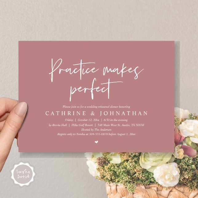 Practice gör perfekt, Bröllop Rehearsal Dinner Inbjudningar (Practice Makes Perfect, Wedding Rehearsal Dinner Invitation Card, PDF, Modern Casual Dusty Rose Pink)