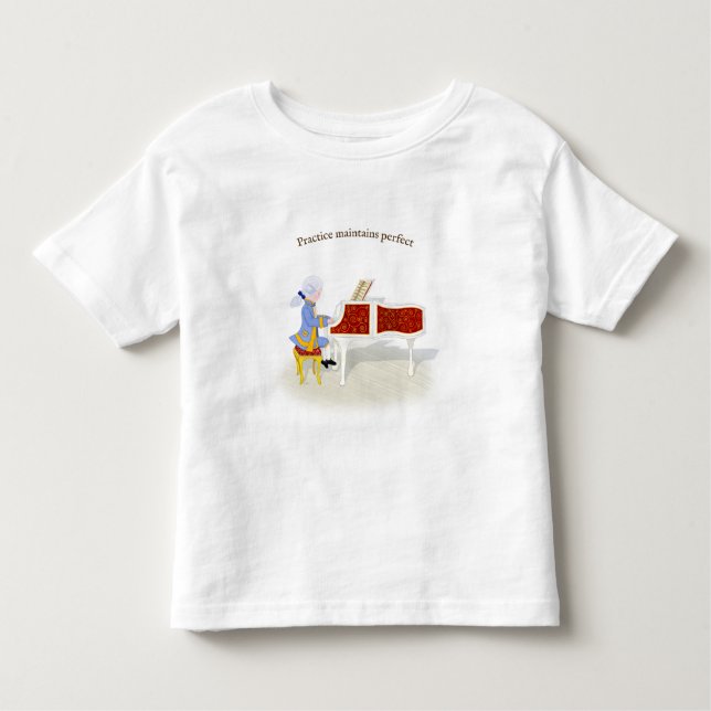 "Practice underhåller Perfekt" Mozart spelar Piano T Shirt (Framsida)