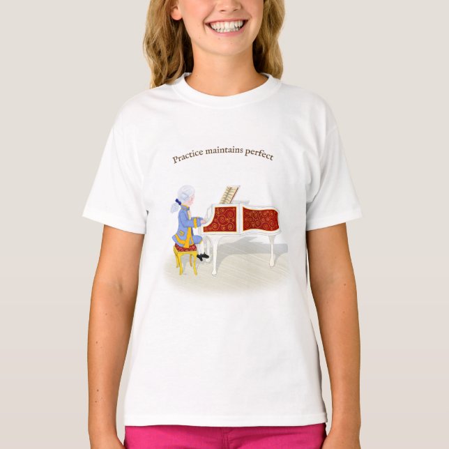 "Practice underhåller Perfekt" Mozart spelar Piano T Shirt (Framsida)