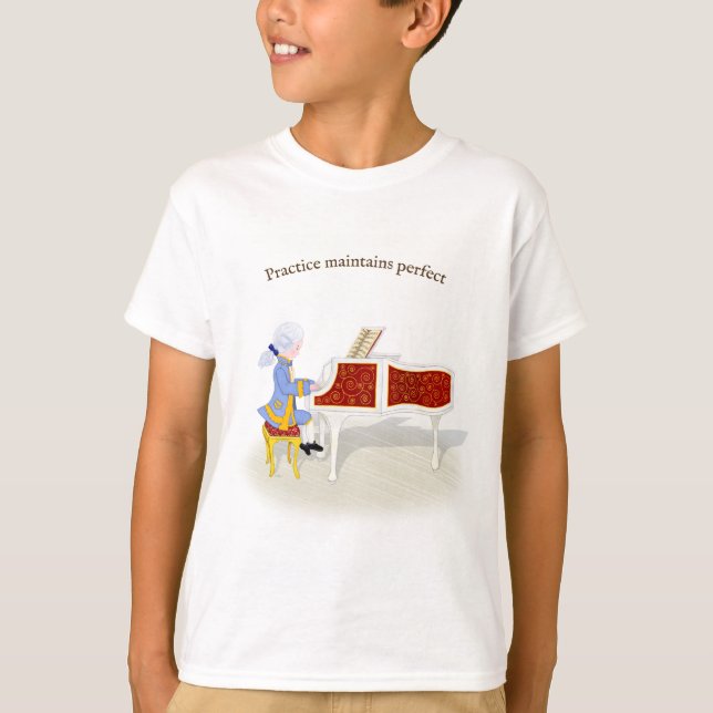 "Practice underhåller Perfekt" Mozart spelar Piano T Shirt (Framsida)