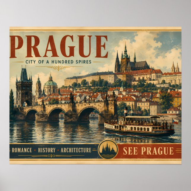 Prag Affisch - Stad med hundra torn - Vintage (Framsidan)