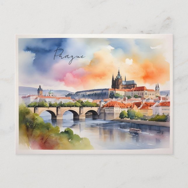 Prag akvarell konst vykort (Framsida)