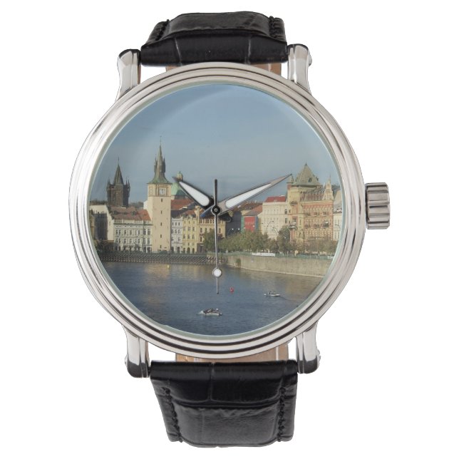 Prag Black Leather Strapped Watch Armbandsur (Framsida)
