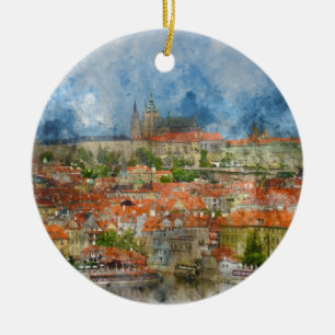 Prag Castle med berömd Charles Bridge på tjeckiska Julgransprydnad Keramik