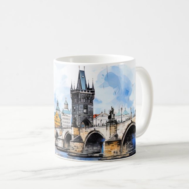 Prag: Charles Bridge Watercolor Kaffemugg (Framsida höger)