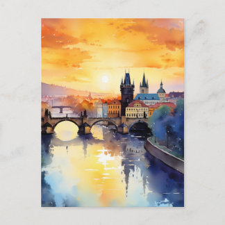 Prag Charlesbron vid solnedgång Akvarell Resa Vykort