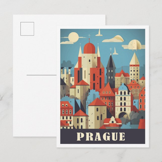 Prag Czech Art Travel Illustration Vykort (Fram/baksida)