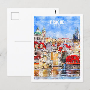 Prag Czech Berömd Travel Watercolor Sketch Vykort