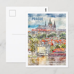 Prag Czech Berömd Travel Watercolor Sketch Vykort