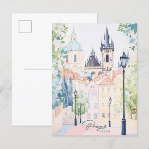 Prag Czech Gouache Paint Illustration Travel Vykort