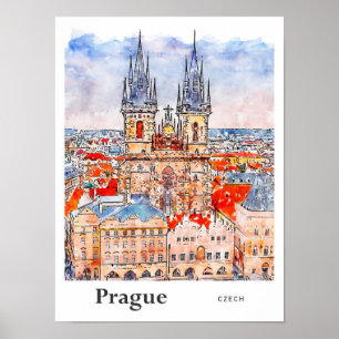 Prag Czech Travel Watercolor Hand plockade Poster