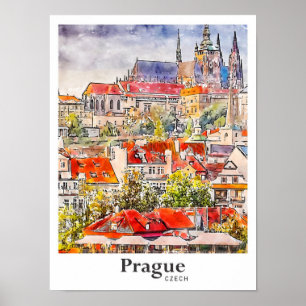Prag Czech Travel Watercolor Hand plockade Poster
