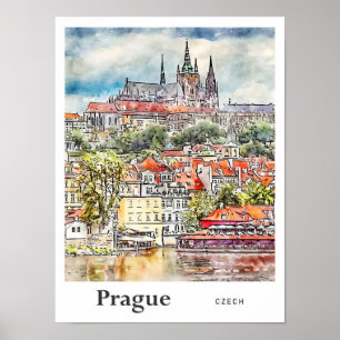 Prag Czech Travel Watercolor Sketch Hand plockade Poster