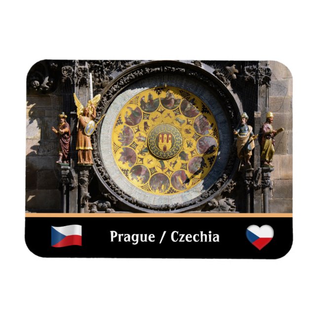 Prag & Orloj - Astronomiskt klocka /Czechia Magnet (Horisontell)