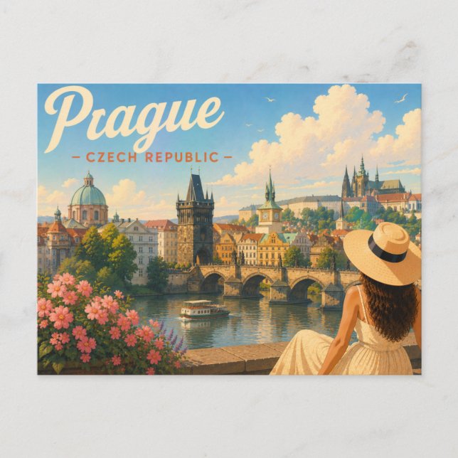 Prag - Resedamen i hatten Resebrevkort Vykort (Framsida)