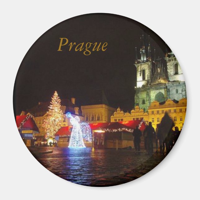 Prag Stadstorget Julnatt Rund Magnet (Framsidan)