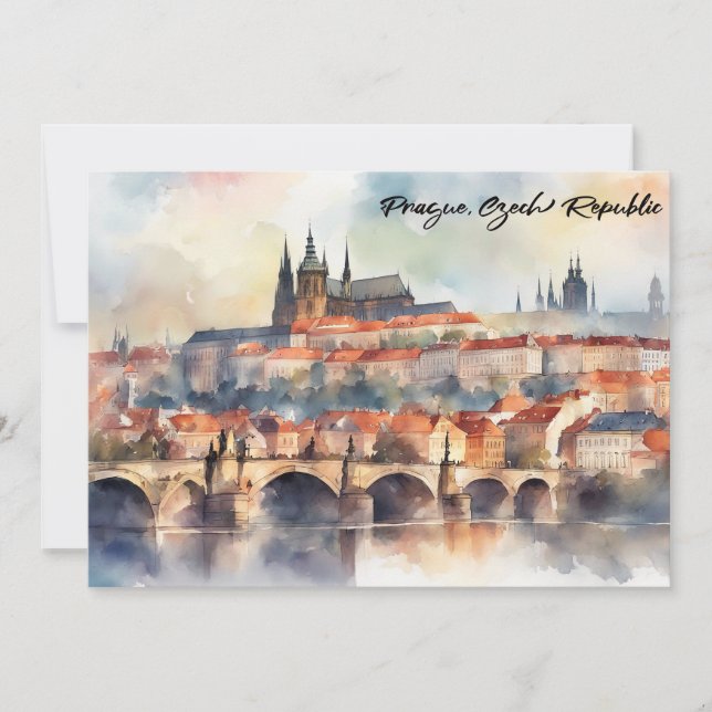 Prag Tjeckien Akvarell Panorama Utsikt Inbjudningar (Framsida)