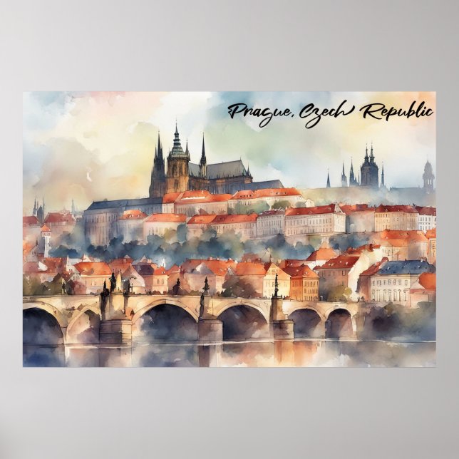 Prag Tjeckien Akvarell Panorama Utsikt Poster (Framsidan)