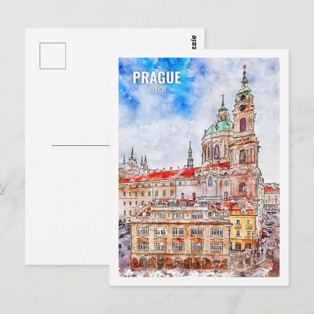 Prag Tjeckien Berömd Resa Akvarell Vykort (Fram/baksida)
